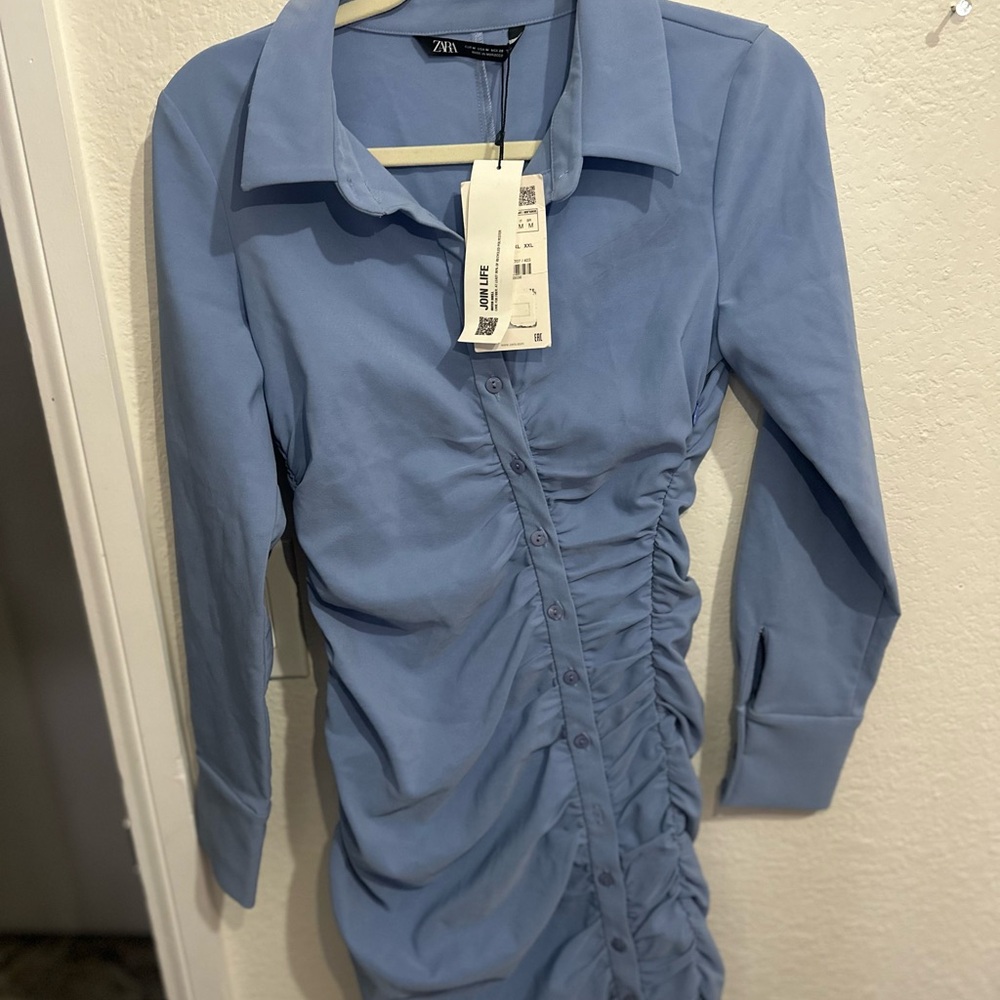 Zara Blue Ruched Button-Up Dress